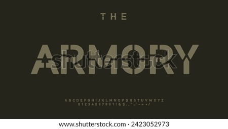 Military stencil alphabet, armory letter set, combat font for striking logo, impactful headline, tactical typography, bold typographic identity. Vector typeset.