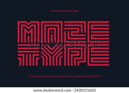 Square maze alphabet, bold geometric letters, unique puzzle font for creative logo, engaging headline. Abstract labyrinth typographic design for branding, poster, print, card, art. Vector typeset.