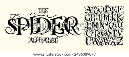 Gothic spiderweb calligraphy, eerie handwritten alphabets, dark ornamental letters for mystical logos, sinister book covers, Halloween art. Vintage elegance meets modern creativity. Vector typeset.