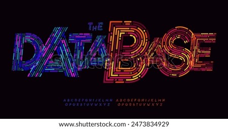 Futuristic colorful dashed stroke alphabet, vibrant bold heavy letters, glowing dotted line font for bright modern tech logo, standout headline, contemporary typography. Bright colorful typography