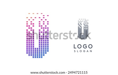 Pixelated Letter U D transitioning into scattered pixels with gradient colors creating modern, digital effect like equalizer. Abstract logo for tech software and digital media. Vector illustration.