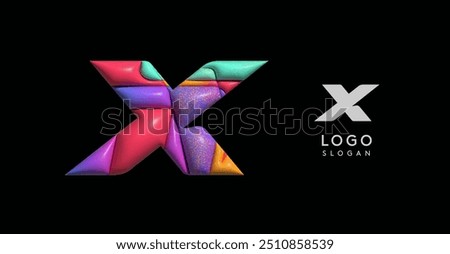 Sporty 3D bubble letter X, puzzle-like volume effect, vibrant Memphis-style cutout logo, glossy colorful design for dynamic youthful logos, shiny colored. Vector illustration