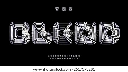 Blend font, distorted letters with blending lines creating 3D letters optical illusion. Round geometric stripes typography for tech identity, branding, creative posters. Vector typeset.