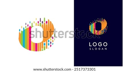 Colorful stripes transitioning into pixel-like elements fat logo template, letter O, abstract equalizer logotype for tech, creative studio, media, digital branding. Vector illustration