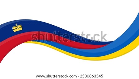 Wavy ribbon banner of Ukraine National flag with Liechtenstein National Flag. Unity and cooperation symbol. Logo for charity and social events, NGO initiative, sport teams. Vector illustration.