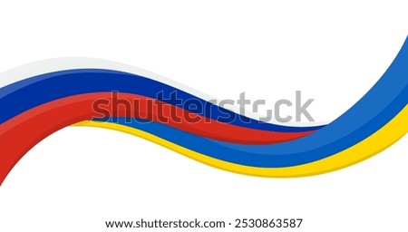 Wavy ribbon banner of Ukraine National flag with russian Federation National Flag. Logo for charity social events, NGO, sports team, peace summit. Vector illustration.