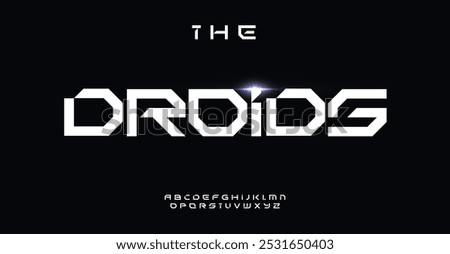 Geometric futuristic font, bold angular letters, tech robotic inspired design for gaming logos, sci-fi branding, innovative typography. Vector typeset