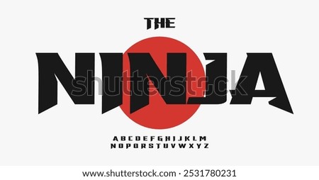 Ninja bold font, sharp edges angular letters, cutting edge Japanese culture headline, sleek geometric design, warrior typeface. Vector typeset