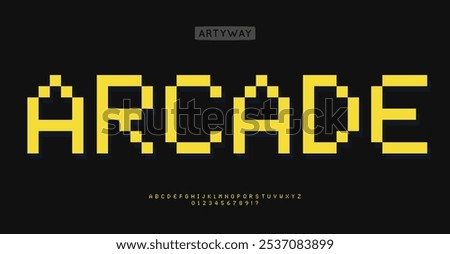 Pixelated 8-bit alphabet, retro video game style letters, nostalgic digital font, classic arcade typography, bold blocky lettering, Y2K gaming alphabet, stylized for tech branding. Vector typeset.