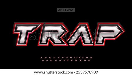 Edgy cyber alphabet, 3D bold angular letters with contour, metallic gradient font for sport game logos, sharp urban headline, futuristic typography, mucis branding. Vector typeset.