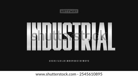 Condensed industrial alphabet, bold tall metallic letters, high metallic font for modern automotive identity, robust utilitarian design, robust typographic style. Vector typeset.