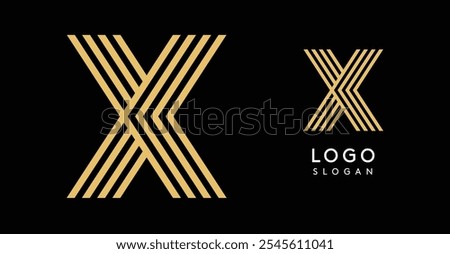 Geometric golden letter X with concentric lines on black background. Sleek sophisticated logo design. Luxury, modernity, elegance logotype for premium branding, corporate identity.Vector illustration.