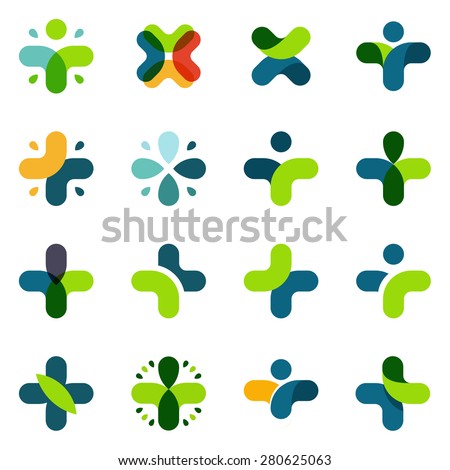 Medicine isolated unusual logos set. Cross vector collection. Abstract plus symbol. 