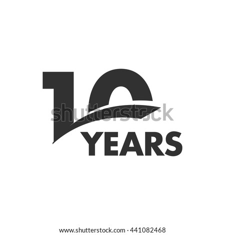 Isolated abstract 10 years anniversary vector logo. Happy 10th birthday greeting card.  Black color writing on the white background.