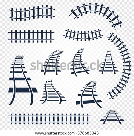 Isolated curvy and straight rails set, railway top view collection, ladder elements vector illustrations on white background