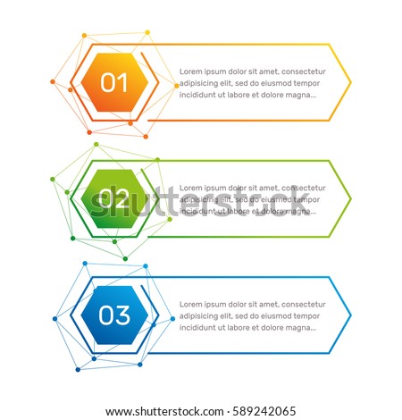 Infographic hexagon shape colorful numbers from 1 to 3 and text columns vector illustration