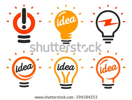 Stylized set of vector lightbulbs, collection colorful logotypes. New idea symbols, flat bright cartoon bulbs. White and orange colors sign. Idea icon, circle logo