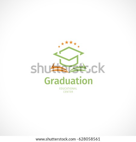 Isolated abstract orange and green color graduate hat logo, stylized mortarboard with open book,educational center logotype on white background.