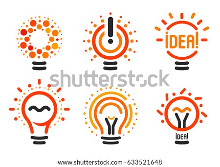 Stylized set of vector lightbulbs with line, dots, beam. New idea symbols collection colorful logotypes. Flat abstract bright cartoon bulbs. White, black, orange colors sign. Idea icon, circle logo. 