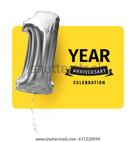 Card greeting template with black logo text and inflatable balloon. First year life, happy birthday, congratulations poster yellow color background. Highlight text invitation on celebration day party