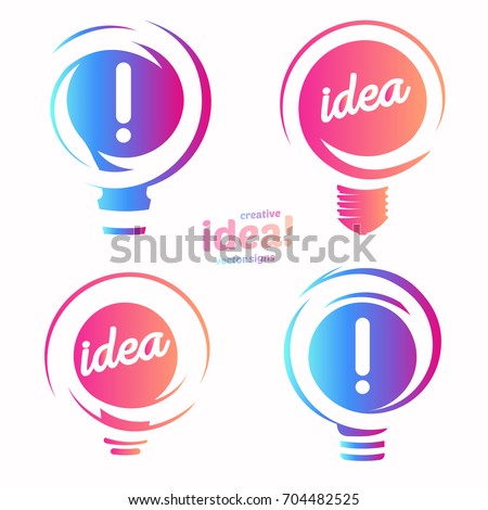 Stylized lightbulbs logo set, new idea and solution abstract symbol, flat bright cartoon incandescent light bulb collection. Isolated simple vector icon on vector background