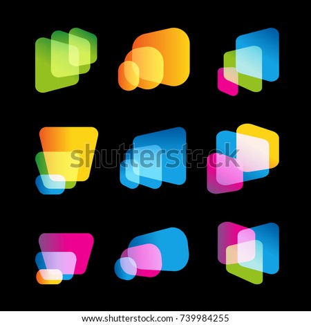 Digital screen of mobile device, bright vector logo set. Multitasking systems, big data bases, abstract forms, logo template. Cinema screen display icons collection, abstract stylized shapes.