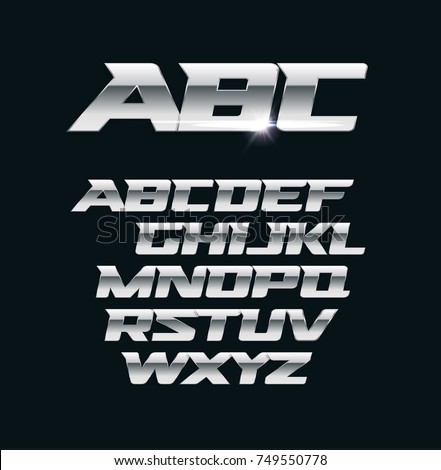 Modern chrome vector font. Metallic letters, polished steel style symbols. Aluminium bold geometric alphabet.