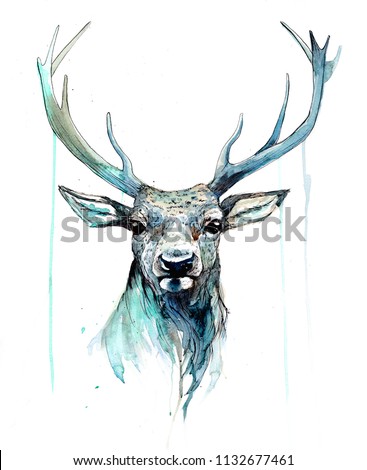 Stag deer painting in watercolours. Beautiful stag deer artwork with colour splashes, portrait of a stag deer in blues and greens. A traditional artwork in a sketchy style. Good for cards, print etc. 
