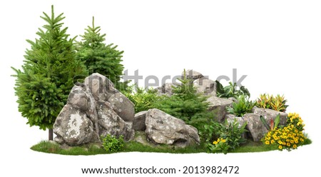 Cutout rock surrounded by fir trees and flowers. Garden design isolated on white background. Decorative shrub for landscaping. High quality clipping mask for professionnal composition Stockfoto © 