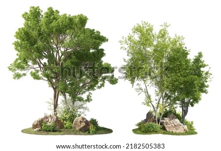 Group of trees among the rocks.
Cutout trees isolated on white background. Forest scape for landscaping or architectural visualisation. Photorealistic 3D rendering for professional composition. Stockfoto © 