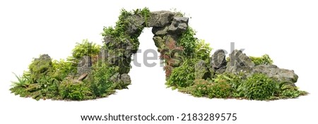 Cutout natural rock arch in the forest.
Stone arch isolated on white background. Cave entrance made of old boulder with moss.  Stock foto © 