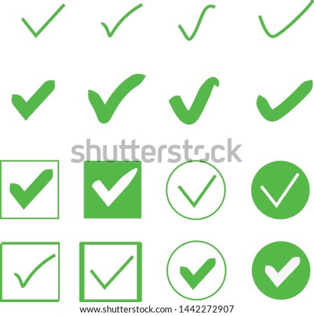 Collection of many different green hooks. Flat green confirm Icons for web and mobile applications. Simlple design. Vector Eps 8.