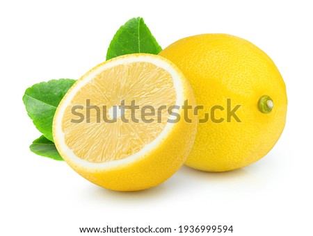 Lemon fruit with green leaf isolated on white background.