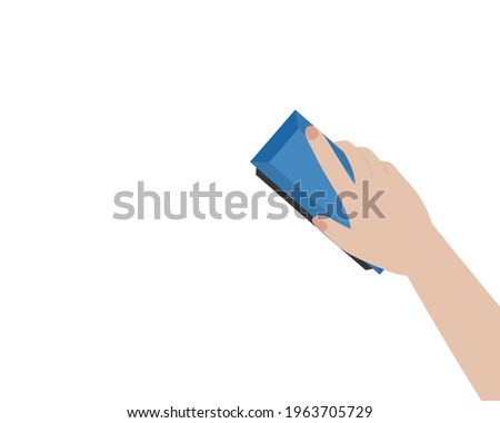 Hand holding and using brush eraser isolated on white background. Vector illustration.