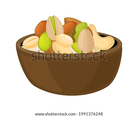 Mix organic nuts with almond, pistachio, cashew, peanut and pumpkin seeds in wooden bowl isolated on white background. Icon vector illustration.