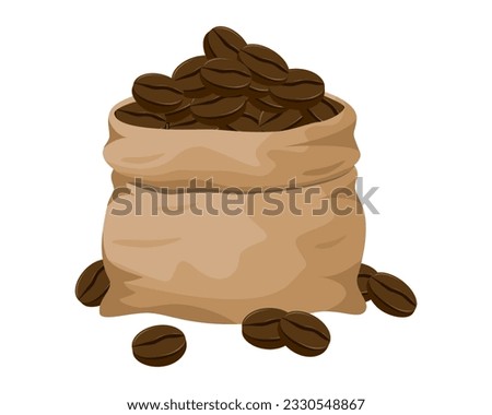 Roasted coffee beans in sack bag isolated on white background. Vector illustration.