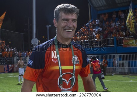 BANGKOK,THAILAND:JUNE 2015:The staff coach came to expressed his delight to the team;PORT F.C.(O/B)vs Nakhon Ratchasima Mazda F.C.at PAT Stadium;inThai Premier League on15July 2015,Bangkok Thailand.