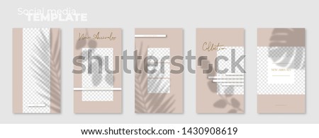 Set of 5 social media story layouts with summer shadows. Editable stories vector templates pack. Autumn Collection.  Layout for business story (fashion, beauty): new arrival, new collection, 