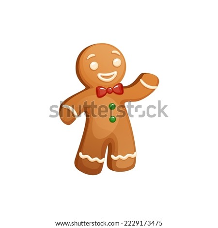 Greeting Gingerbread Man Character With Bow Tie, Icing Decoration. Funny Christmas Cookie Waving His Hand. Traditional Sweet Xmas Ginger Biscuit.