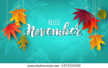 November word. Hand lettering typography with autumn leaves. Vector illustration as poster, postcard, greeting card, invitation template. Concept November advertising Сток-фото © 