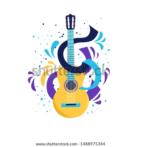 Vector acoustic guitar in flat style design.  Music instrument. Template for music festival banner, poster, concert, invitation, greeting card. 