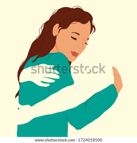 Woman in the arms of an invisible man. Embrace, hugs. Concept of support and love, acceptance. Modern flat vector illustration.
