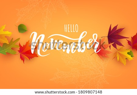 November text. Hand lettering typography with bright autumn leaves. Vector illustration as poster, postcard, greeting card, invitation template. Concept November advertising Foto stock © 