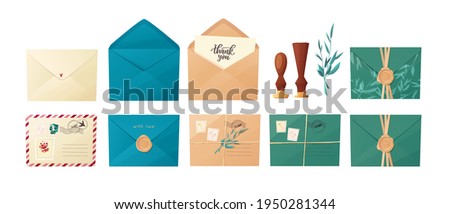 Different envelopes set. Craft envelopes with various post stamps, postmarks and lettering - thank you, love. Cartoon vector illustration.