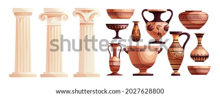 Ancient vases and Greek columns. Ancient Roman pillar. Ceramic archaeological pot. Antique traditional clay jar for wine. Vector cartoon illustration. 