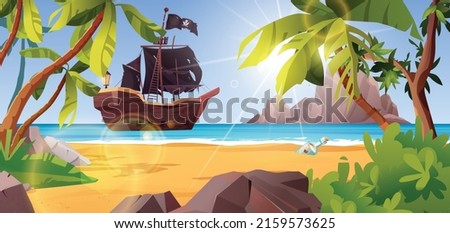 Pirate ship near the island.  Palm trees, stones, sea or ocean, bushes and rocks.  Cartoon vector illustration for 2d game.