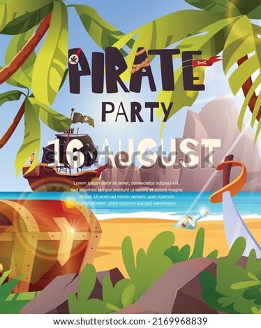 Pirates party invitation poster. Sailing pirate ship with black flags in the sea. Wooden sailboat on water. 
