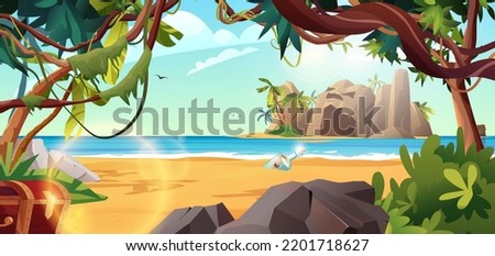 Rocky island with treasure chest and palm trees in the ocean. Bottle with paper message in it. Cartoon vector illustration for 2d game or adventure quest.