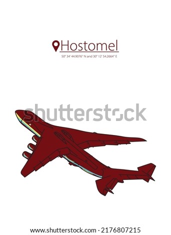 Stock vector illustration isolated on white background.Cities of Ukraine that suffered as a result of the aggression of the Russian army.Hostomel.plane Mriya, which was destroyed by the Russian army