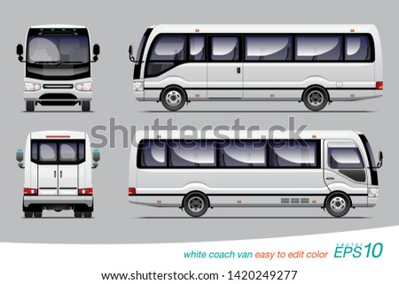 VECTOR EPS 10 - white coach van side view, rear and back, template design for right steering wheel car.
isolated on grey background, easy to edit color in layer name 